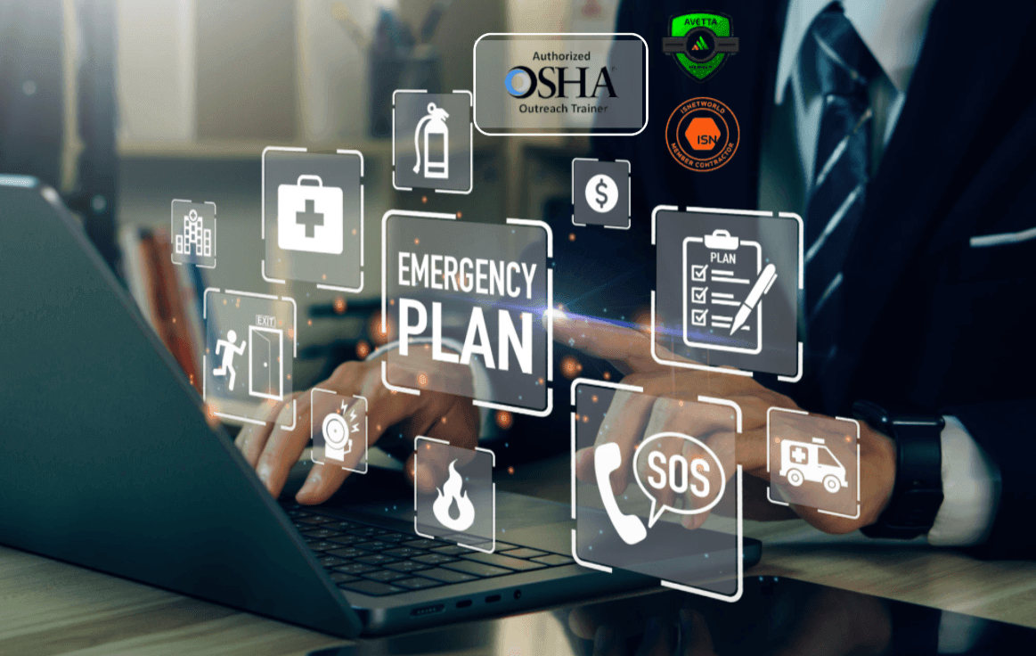 Person typing on laptop with emergency plan icons floating above, including medical and fire safety symbols.